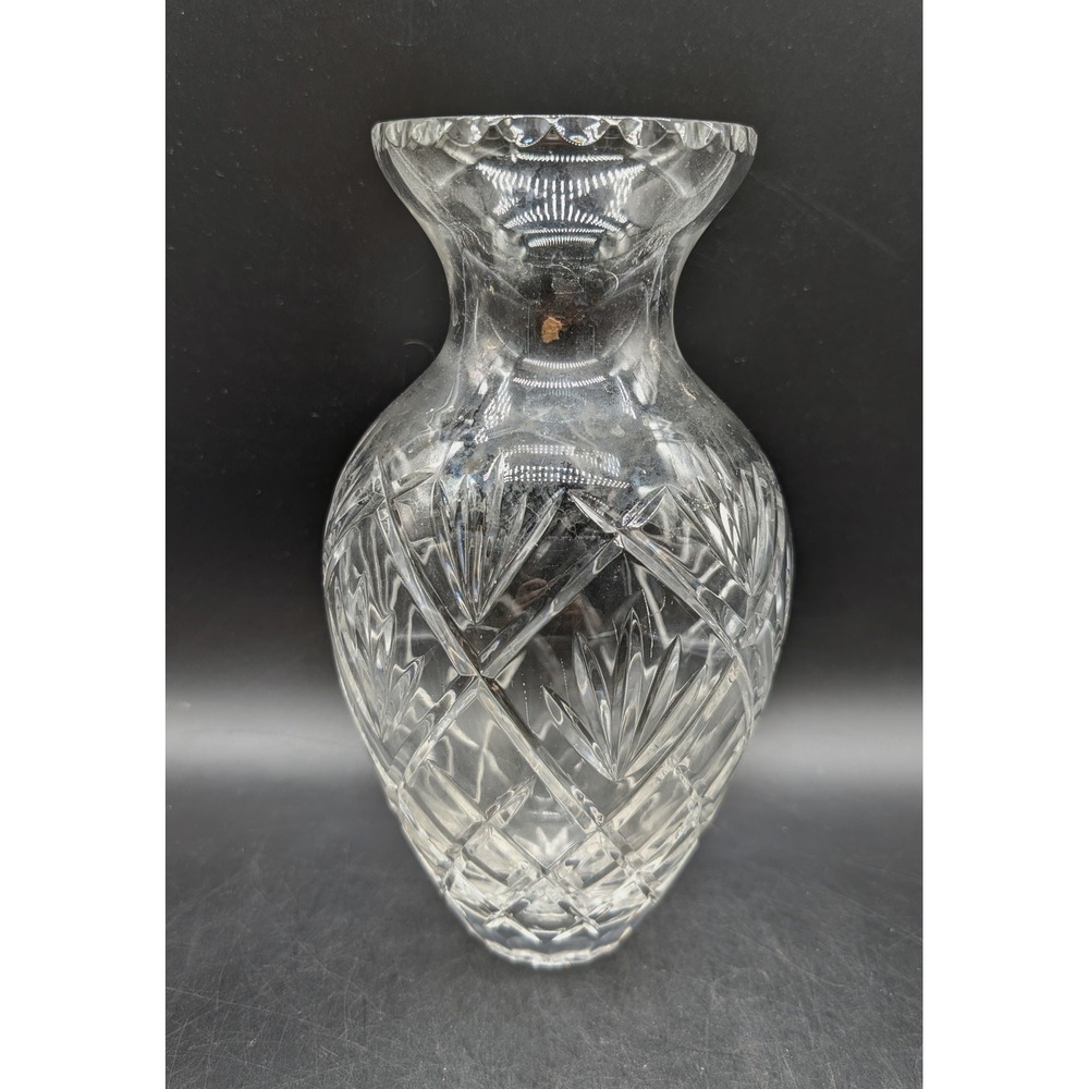 Vintage Hand Cut Clear Crystal Vase Scalloped Sawtooth Rim Starburst Base Urn 8"